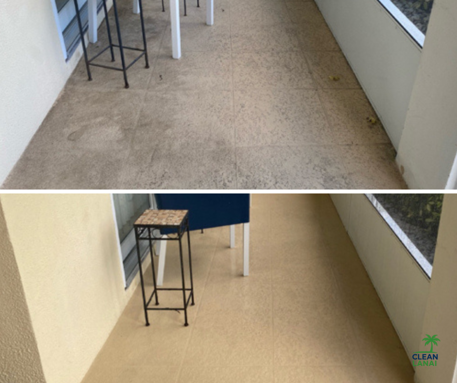 Before and after photos of a balcony showing a cleaning transformation, with the balcony floor cleaned and restored to its true color.