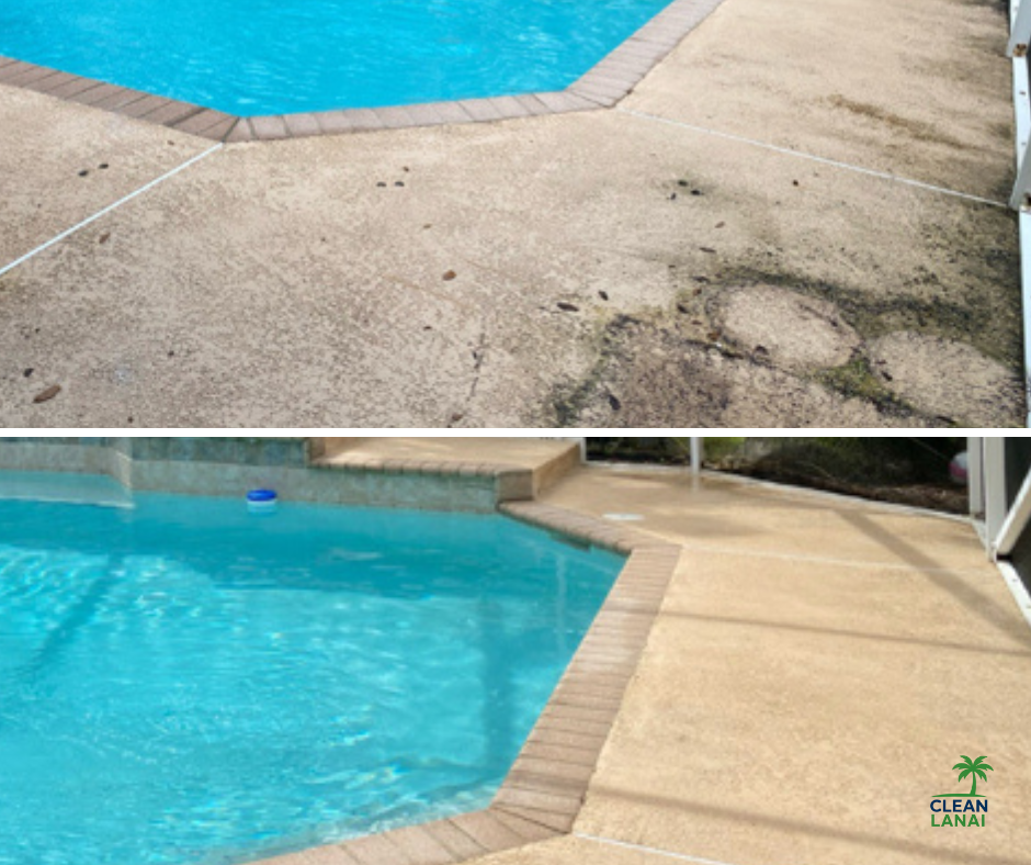 Before and after comparison of a backyard pool area, showing a cleaned concrete patio surrounding the pool.