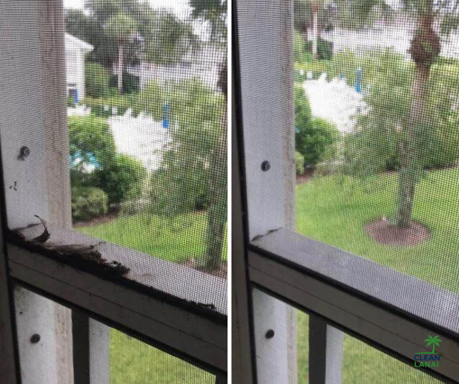 Comparison of a screened in balcony before and after the screen was cleaned. 
