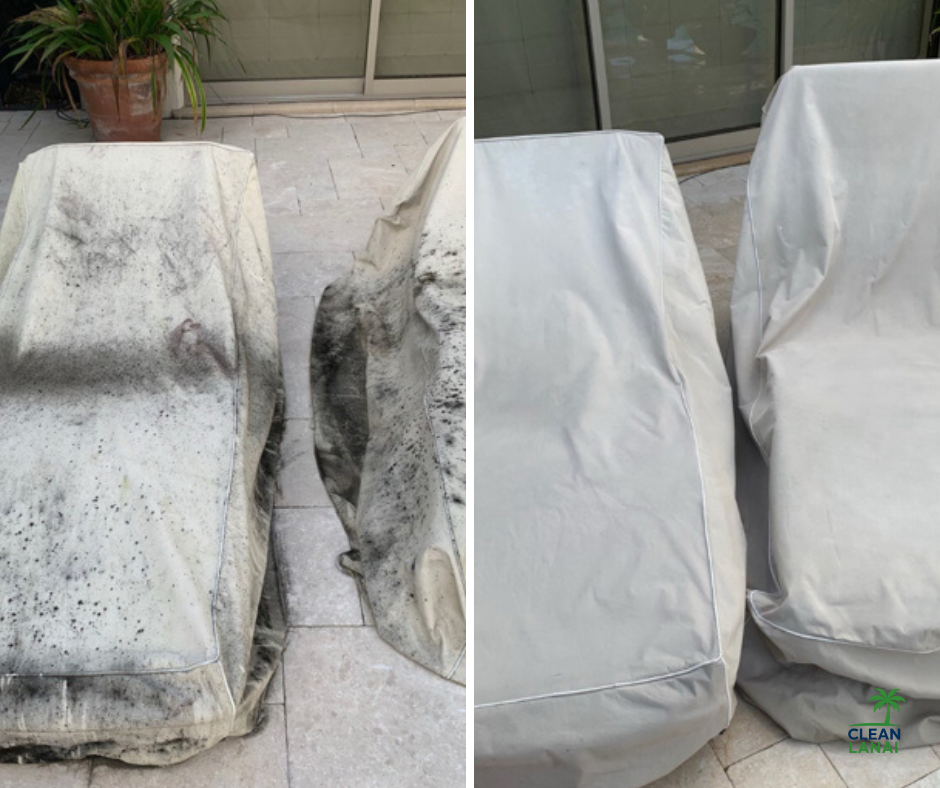 Comparison of two outdoor furniture pieces, one dirty and stained on the left and clean and covered with a protective cover after cleaning on the right.