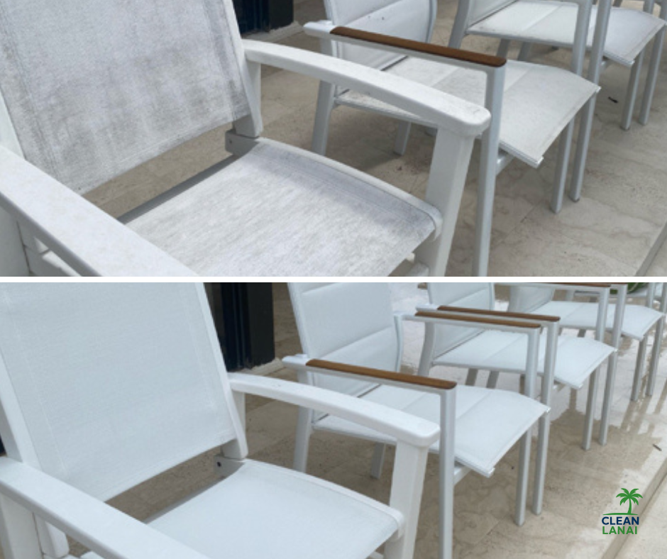 Comparison of outdoor chairs before and after cleaning, with a pile of chairs arranged in a row.