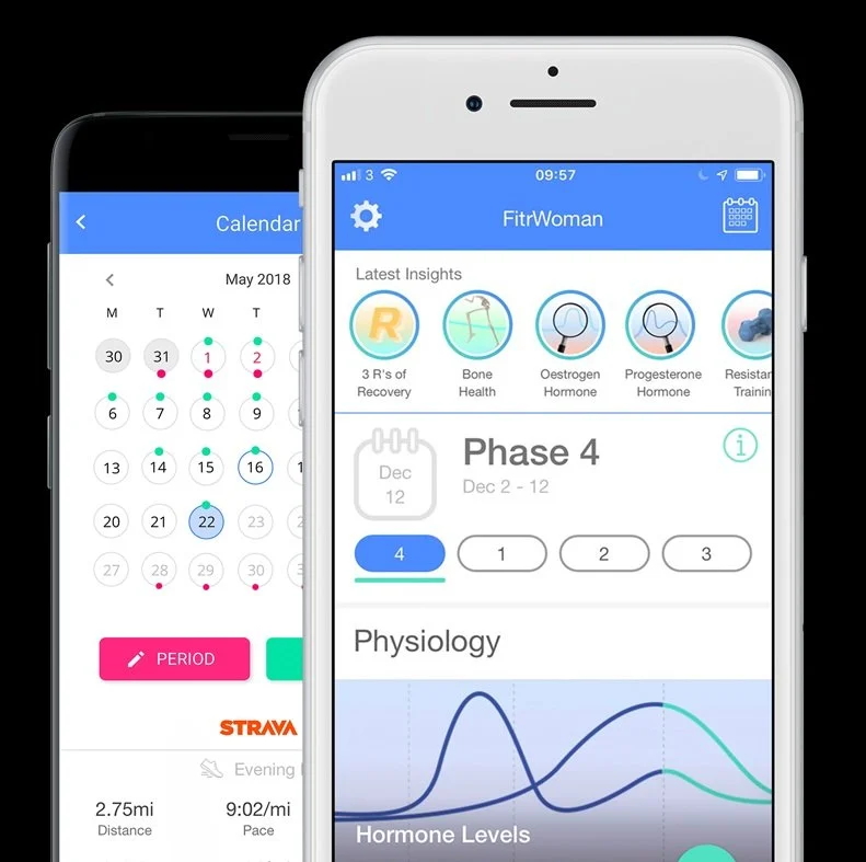Two overlapping smartphones display menstrual cycle tracking apps against a black background.