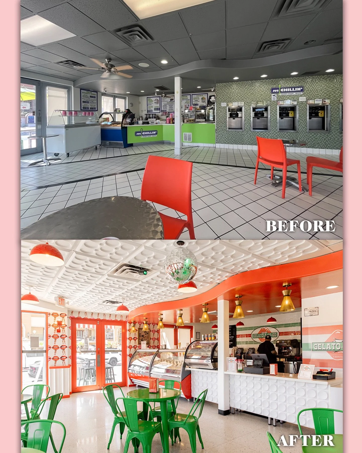 One more &ldquo;before and after&rdquo; from the transformation we completed as part of the interior design component of our @gelatoagogo project. 🍧
As well as the interiors, this project pulled on every skill set&hellip; branding, web design, colla