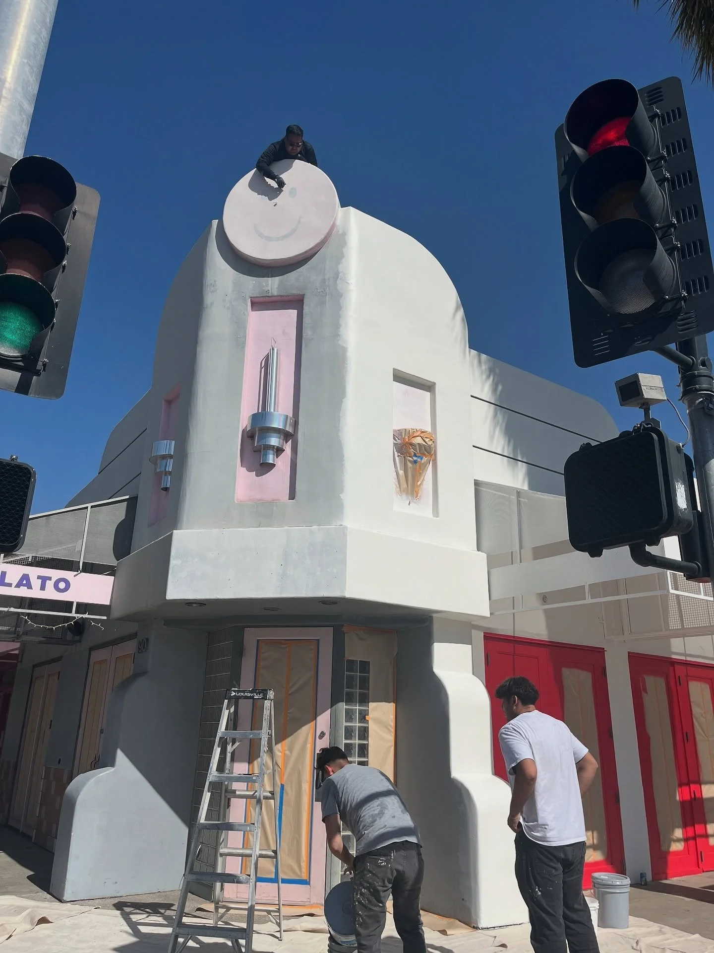 The dull grey and pink are out, and the slick and clean palette of white, red, and black are going in.
It&rsquo;s a much needed exterior color change as we create the super cool and exciting @gelatoagogo flagship in downtown Palm Springs.