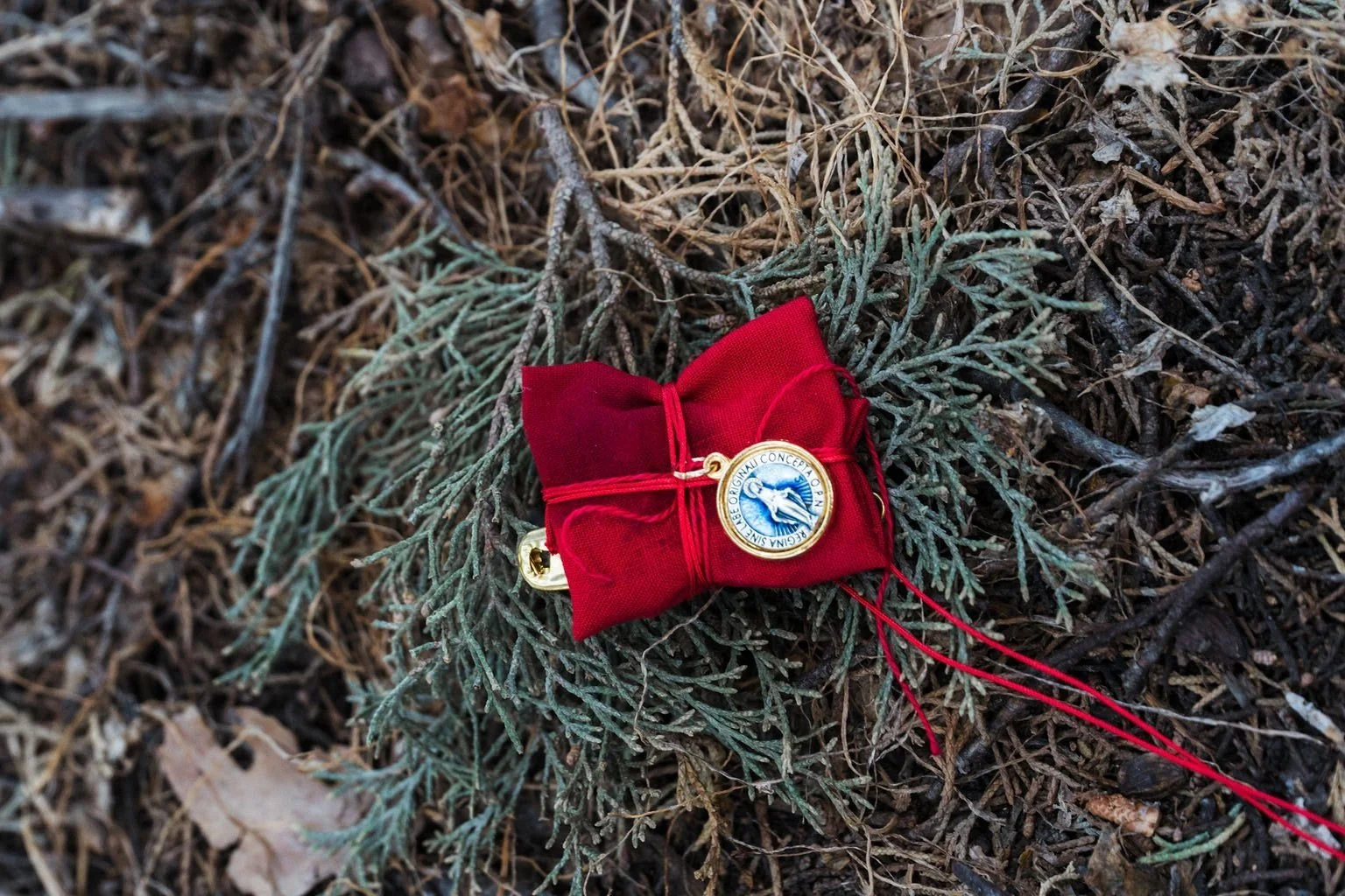 A red cloth pouch with a gold medallion and red strings resting on a bed of green pine needles and dry twigs.
