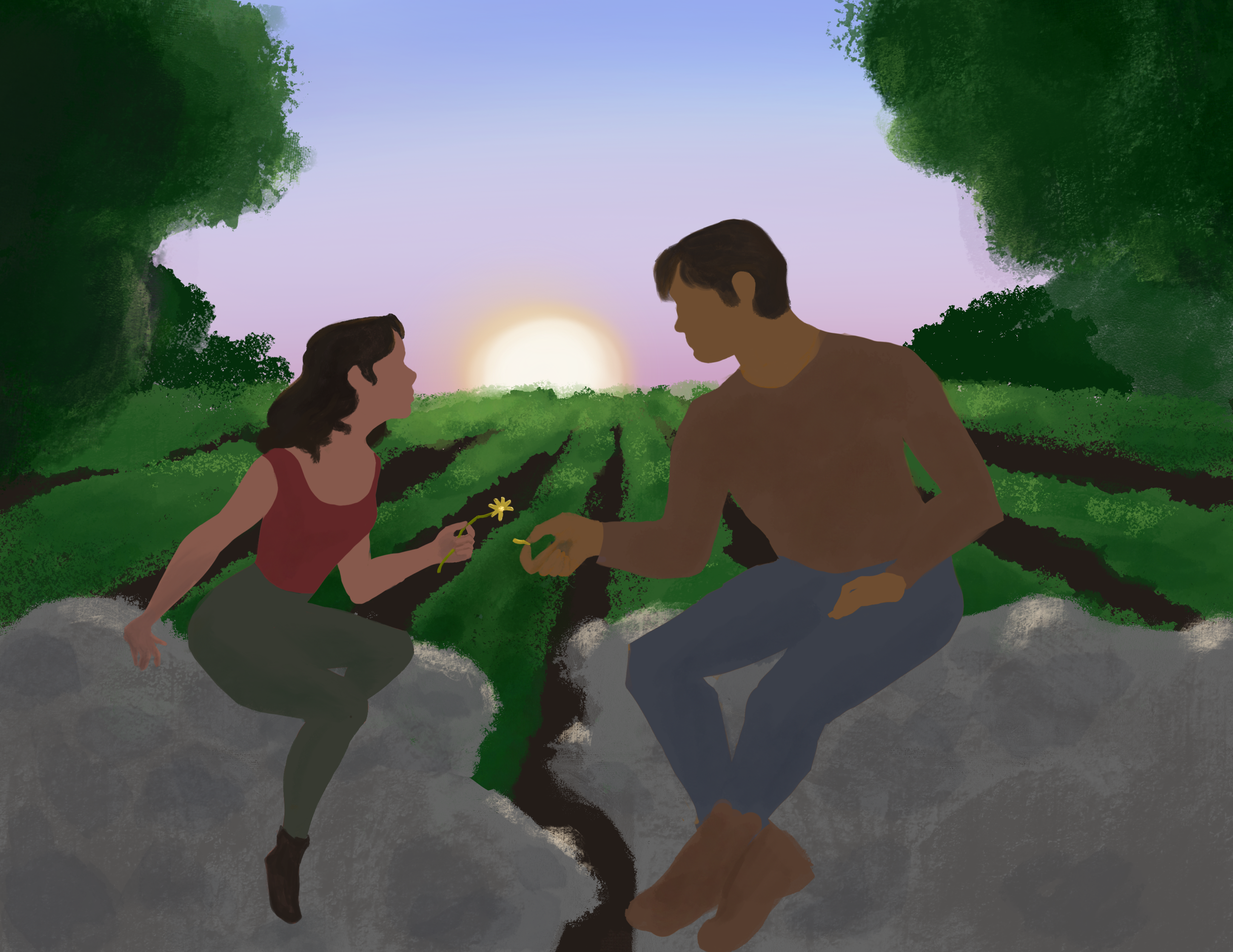 Daisy Game, 2020, Procreate.A representation of dating: two people come together to see if they’re compatible, but there’s an element of chance involved.