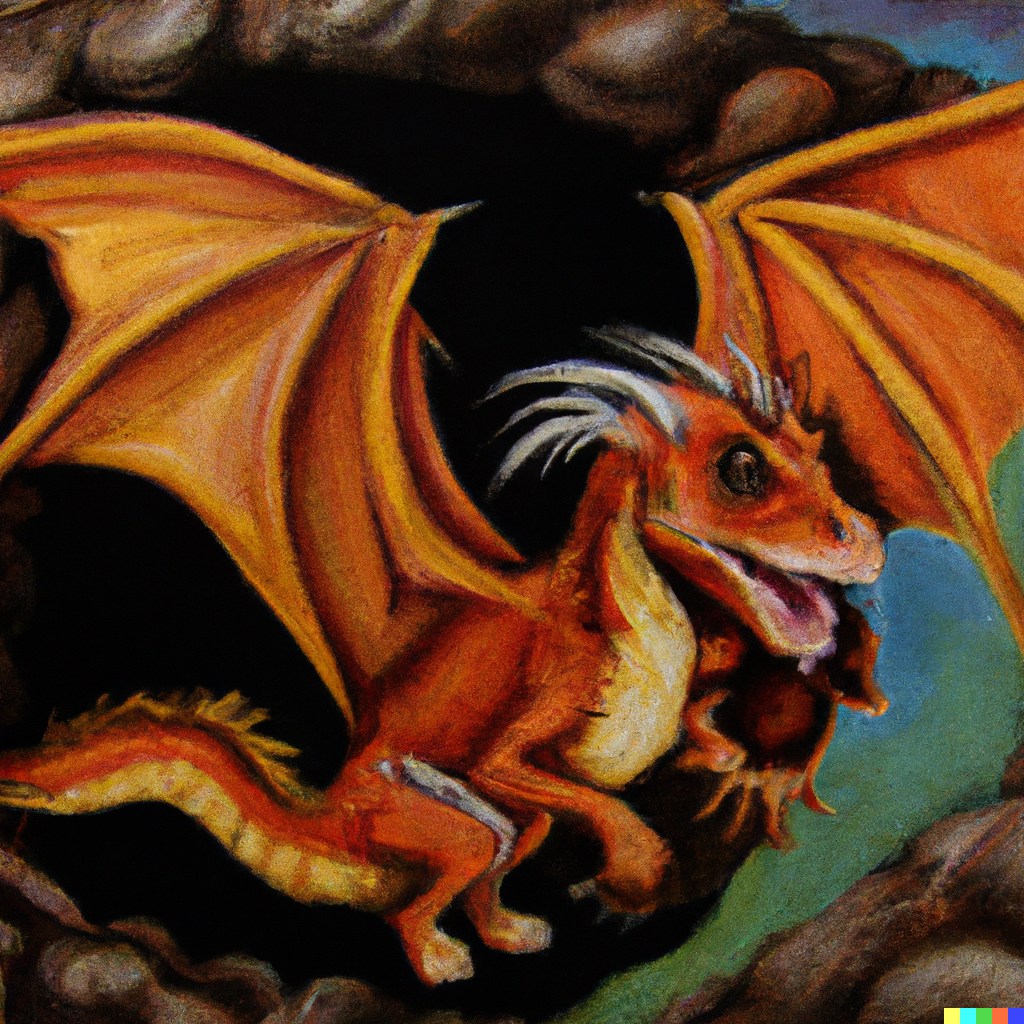DALL·E 2022-08-01 15.59.10 - A baby dragon being yeeted out of its nest by its mom, oil paint..png