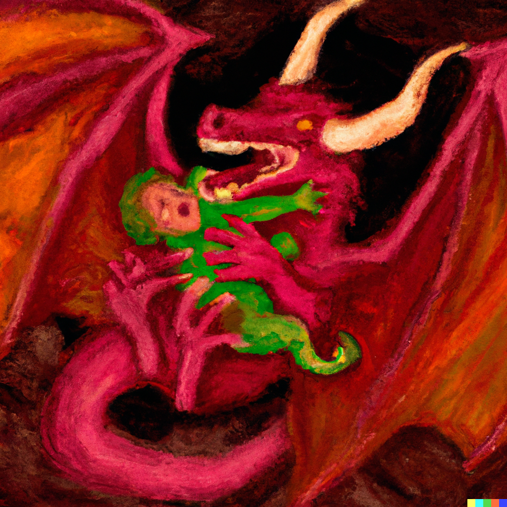 DALL·E 2022-08-01 15.59.13 - A baby dragon being yeeted out of its nest by its mom, oil paint..png