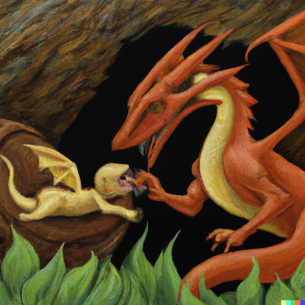 DALL·E 2022-08-01 15.59.16 - A baby dragon being yeeted out of its nest by its mom, oil paint..png