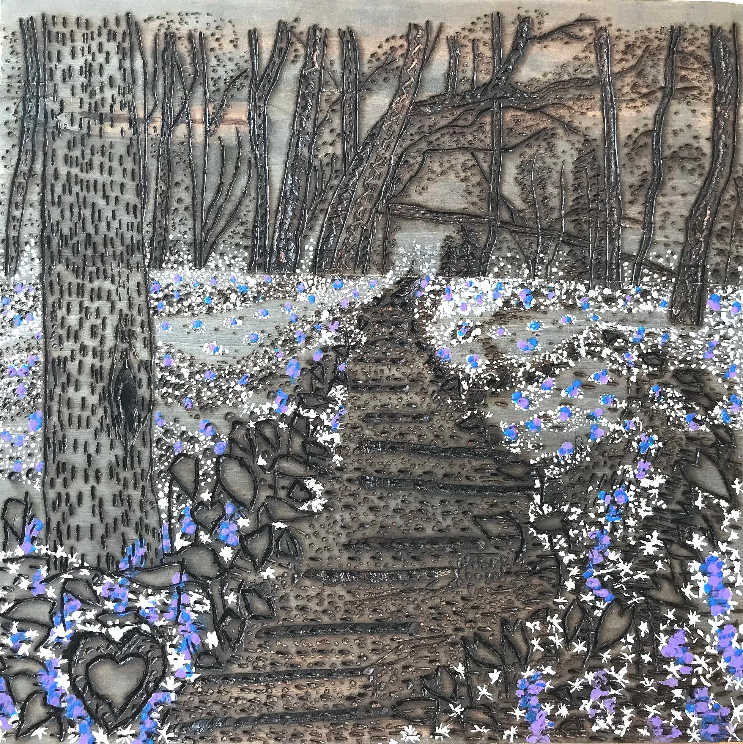 Wood burning with acrylic paint.