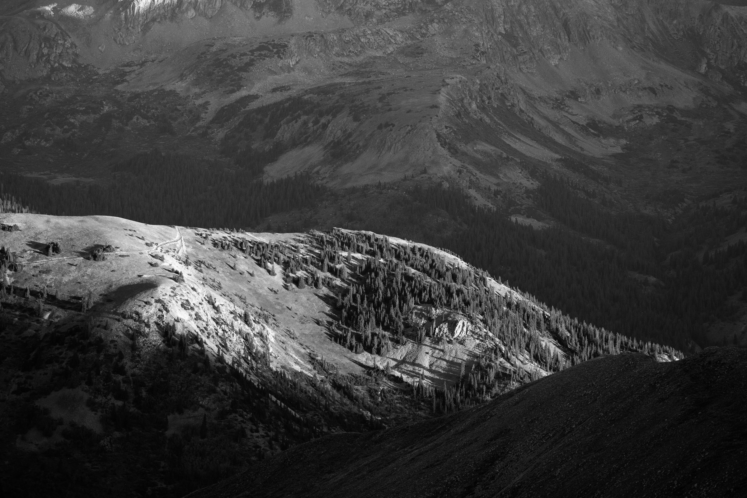 Pine, Sawatch Range, 2023. Remains of roads cut along the mountain side of the upper Winfield mining district. Prospecting first started in the area in 1867.