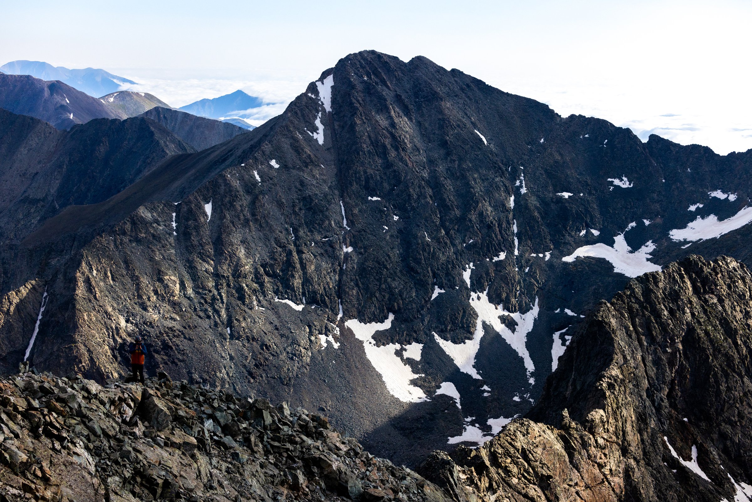 Sum of Rocks, Sangre de Cristo Range, 2023. A view of a ridge line looking northeast as seen from the top of Little Bear Peak (14,043' - 4,278m). The peak is located in Southern Colorado's Sangre de Cristo Range.