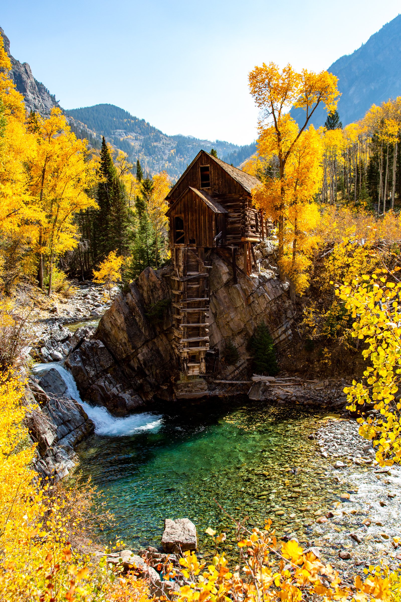 Miss Crystal Mill, Crystal, 2023. This is one of Colorado's most iconic historic buildings. The Crystal Mill was a wooden powerhouse that provided compressed air to nearby silver mines by way of a waterwheel.