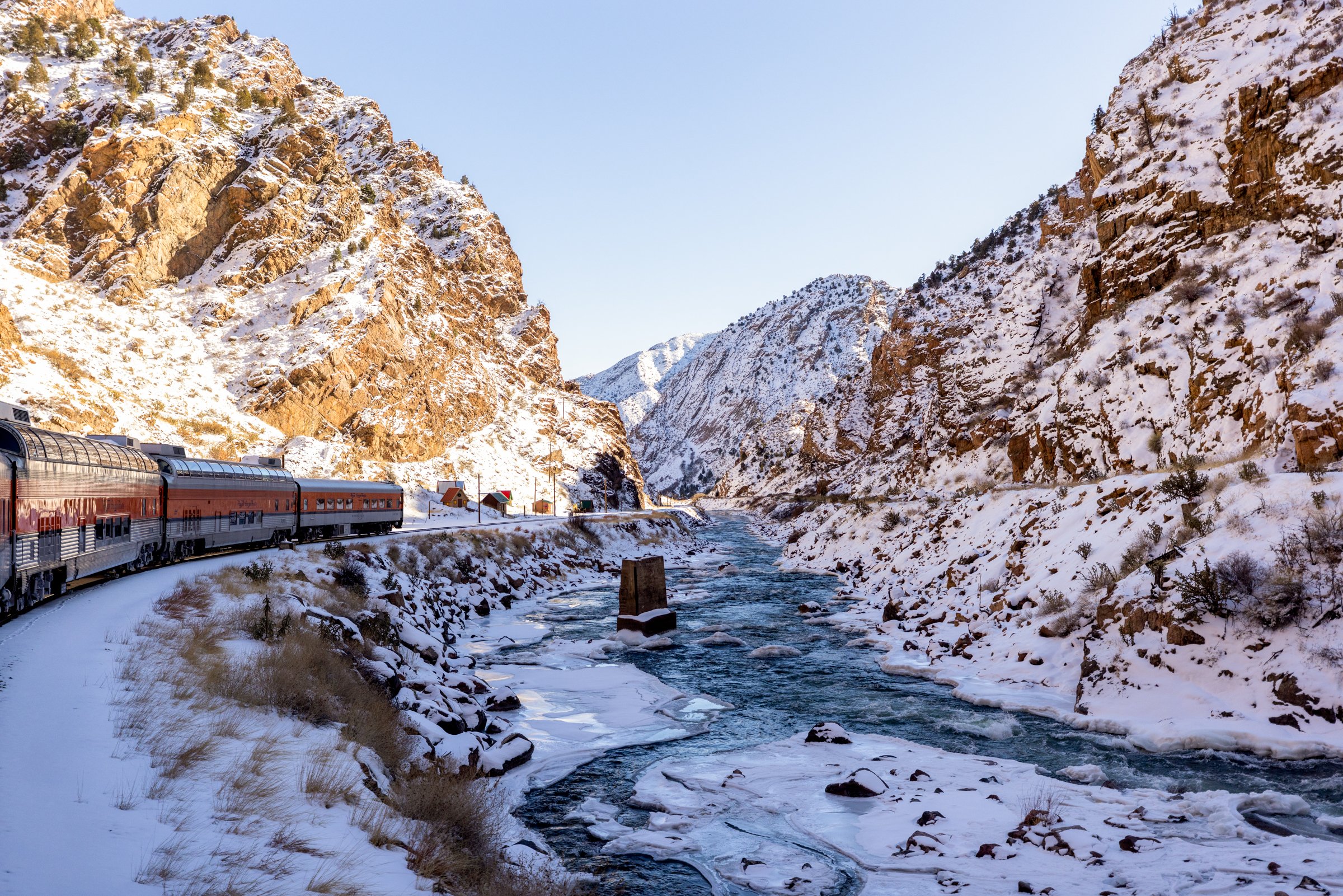 Chiseled Curve, Royal Gorge, 2022. With a need to connect the Lower Arkansas Valley to Leadville, rails were laid through a lengthy 50 miles stretch called the “Grand Canyon of the Arkansas”. Construction from Cañyon City to Leadville was completed o
