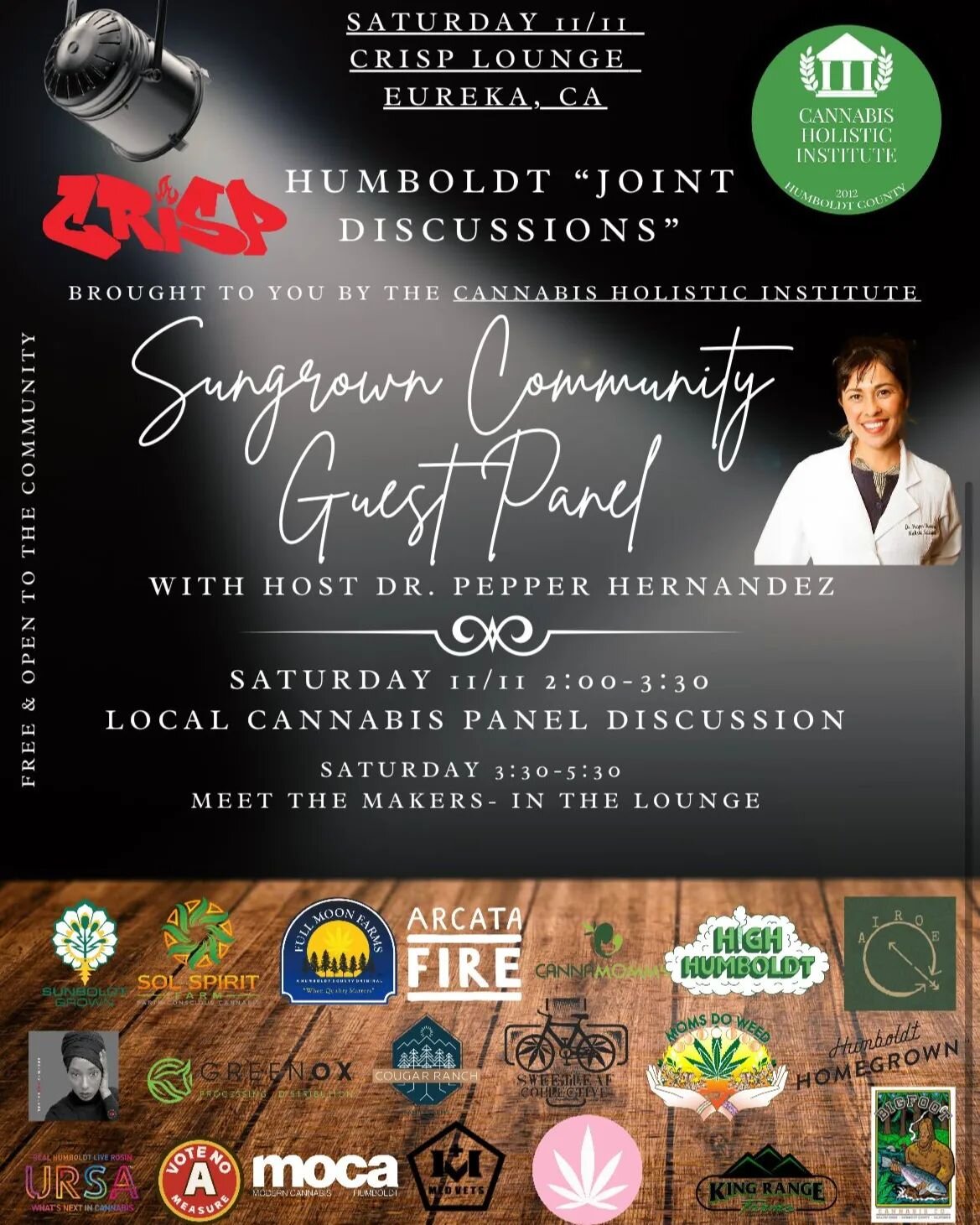 Come join us on Veterans Day 11/11 @crispeureka  2pm-5:30pm for a free community event! Humboldt Joint Discussions is a podcast and panel
discussion created and hosted by Dr. Pepper Hernandez of the @cannabisholisticinstitute This event is about brin