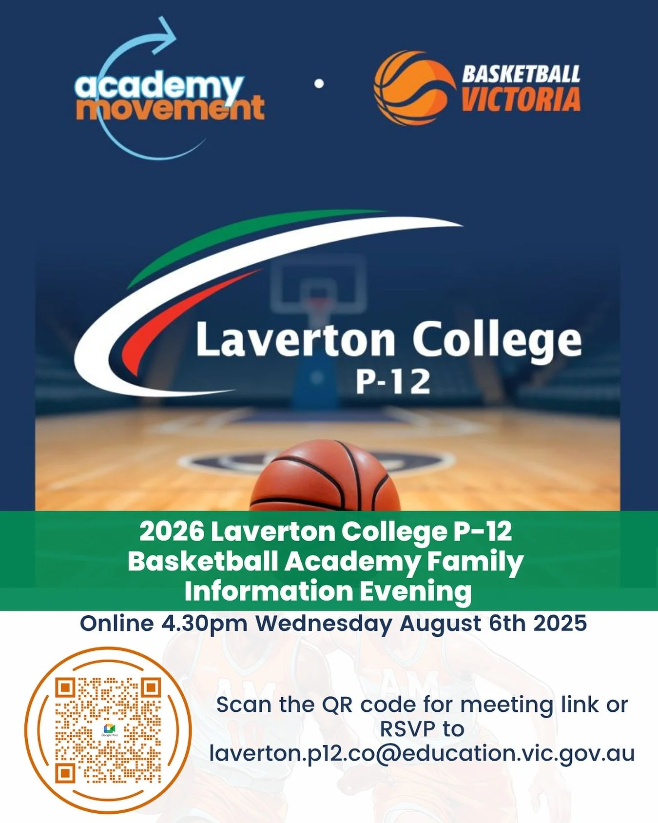 @lavertonp12college Basketball Academy Info Session
We&rsquo;re hosting a virtual family info session for the 2026 Basketball Academy intake on Wednesday 6 August at 4:30pm.

Open to current and prospective students looking to enrol at Laverton Colle