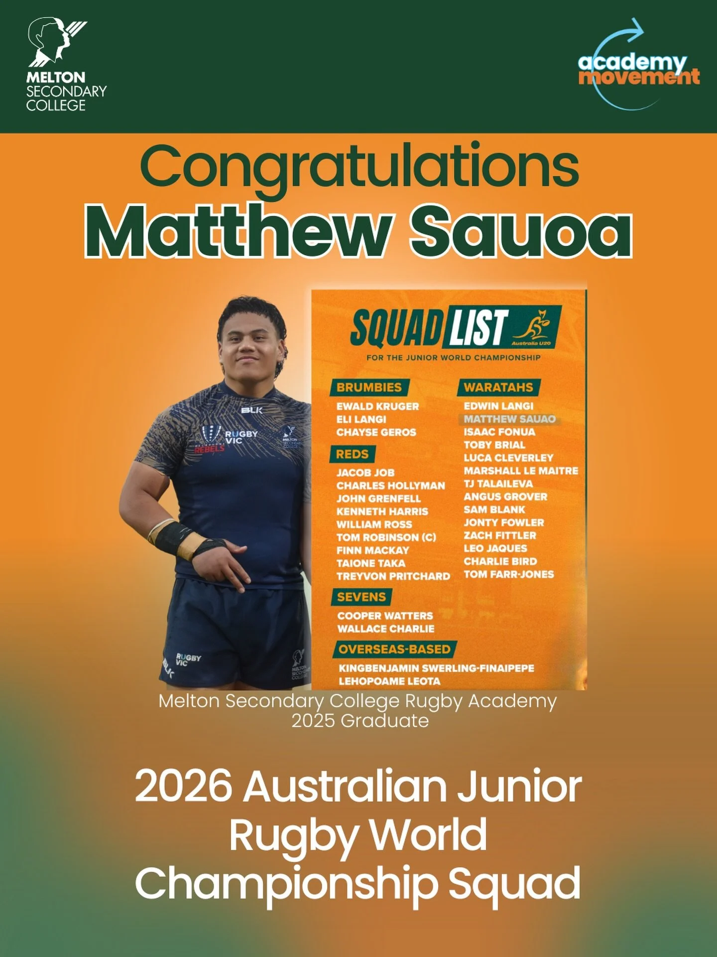 A huge congratulations to Matthew Sauoa for all you hard work in making the @rugbyau Junior Wallabies squad for the upcoming @worldrugby Junior World Championship squad. Matt was a Year 12 graduate of the Melton Secondary College Rugby Academy in 202