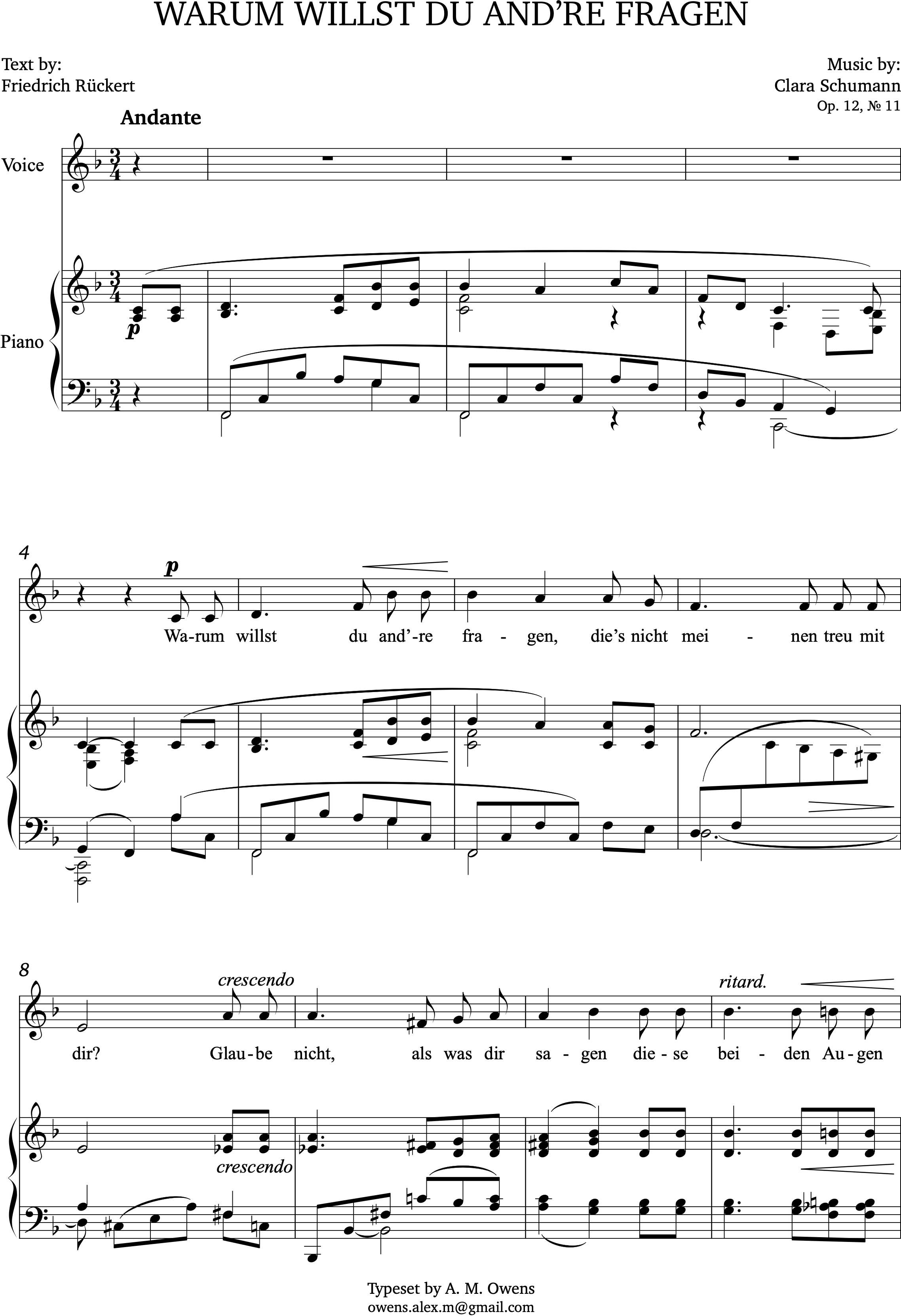 Schumann, Clara: Warum willst du and're fragen - F major