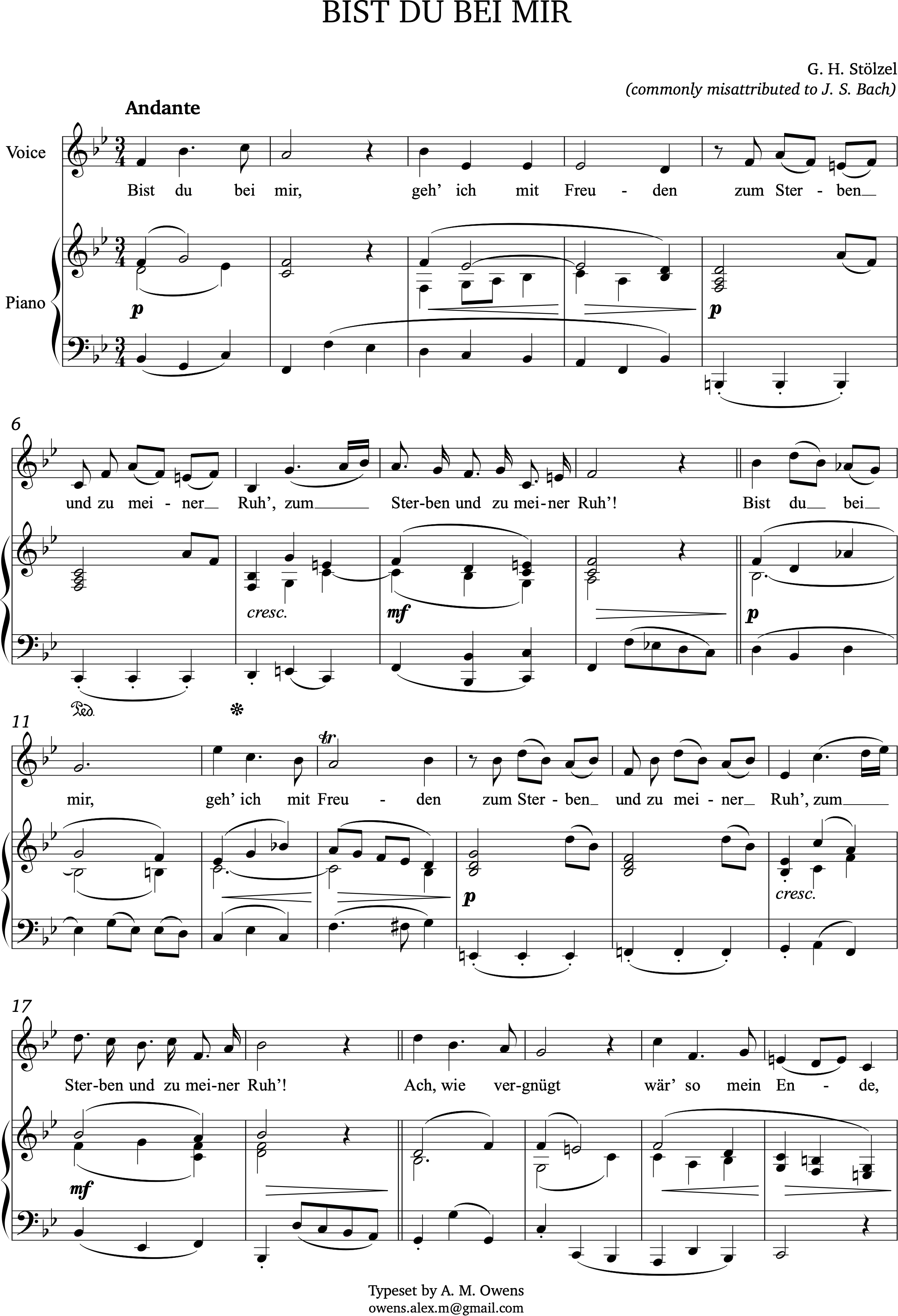 Stötzl, attr. to Bach: Bist du bei mir - original key