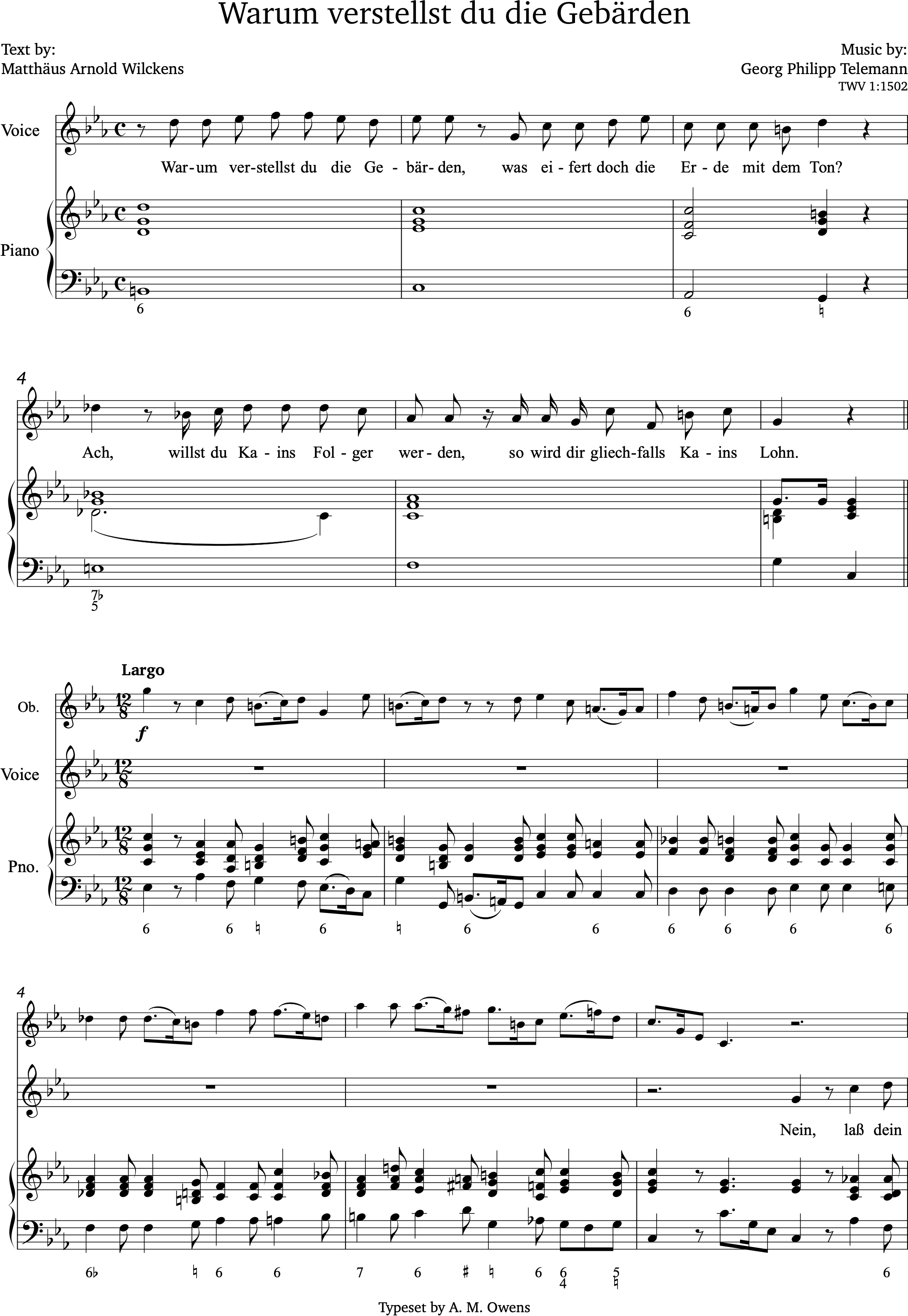 Telemann, Georg Philipp: Warum verstellst du die Gebärden TWV 1:1502 - E-flat major / C minor