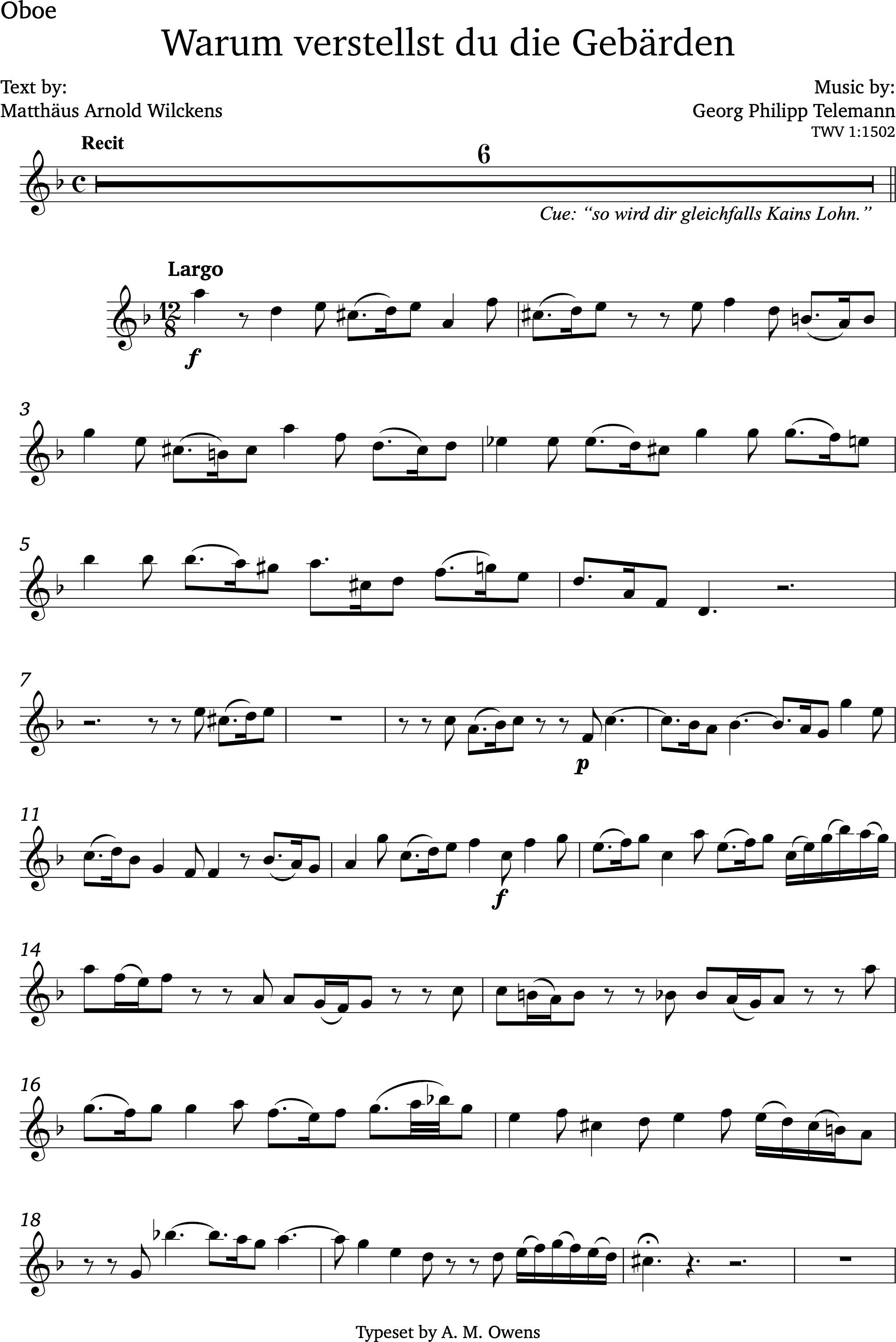 Telemann, Georg Philipp: Warum verstellst du die Gebärden TWV 1:1502 - original key