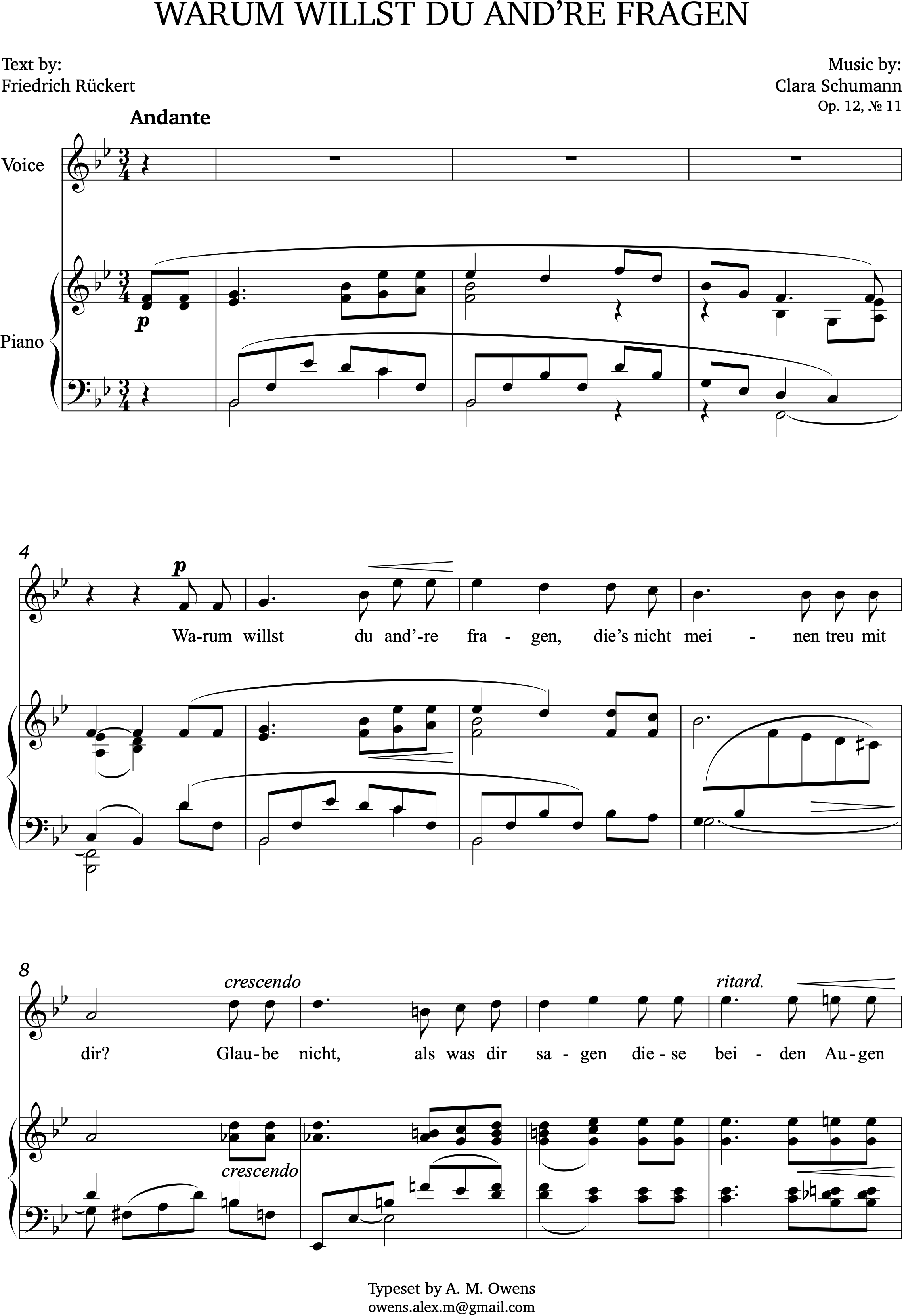 Schumann, Clara: Warum willst du and're fragen - B-flat major