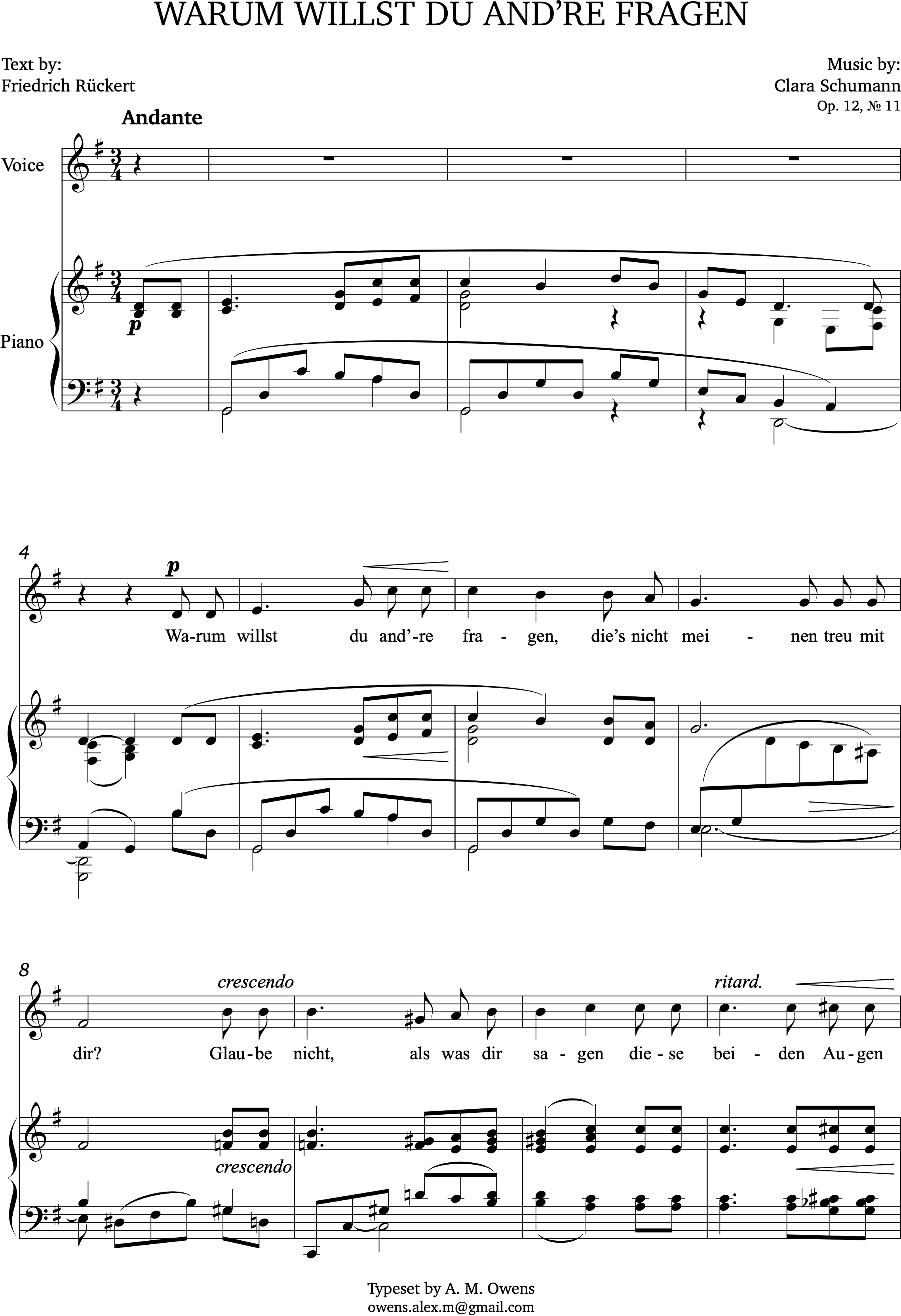 Schumann, Clara: Warum willst du and're fragen - G major