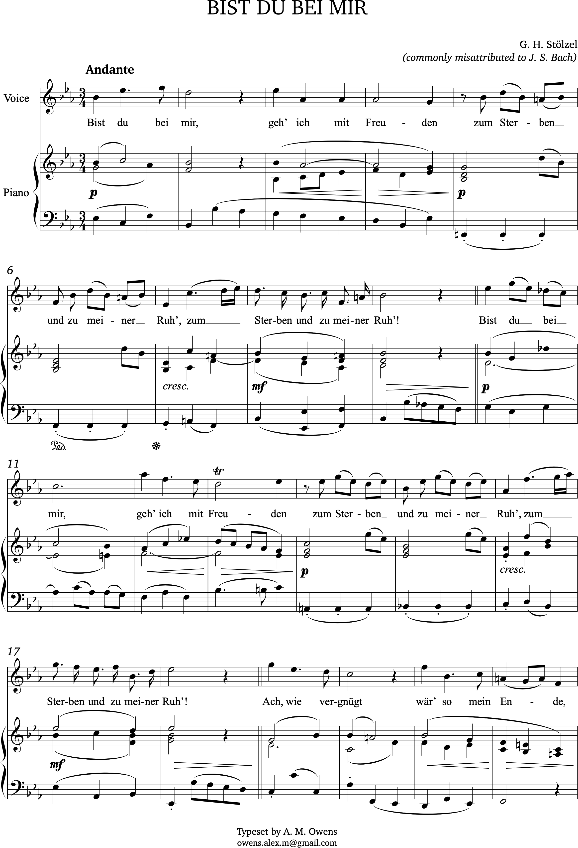 Stötzl, attr. to Bach: Bist du bei mir - original key