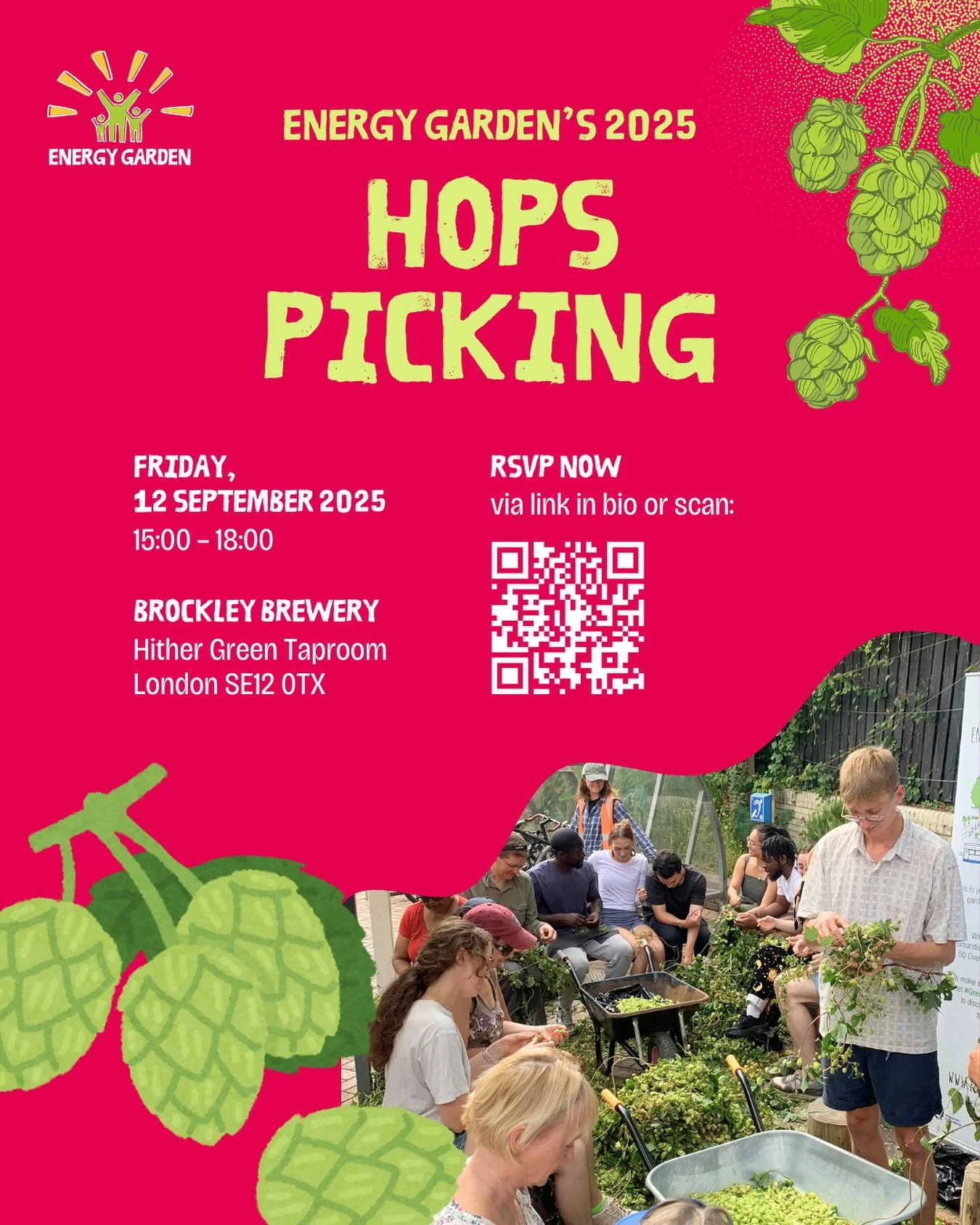 It&rsquo;s Time for Our Annual Hops Picking! 😎🍻🌿

Friday, 12 September 2025 | 15:00&ndash;18:00
at Brockley Brewery: Hither Green Taproom (SE12 0TX)

Join Energy Garden for a laid-back afternoon of hops picking, pints, and good company. We&rsquo;l