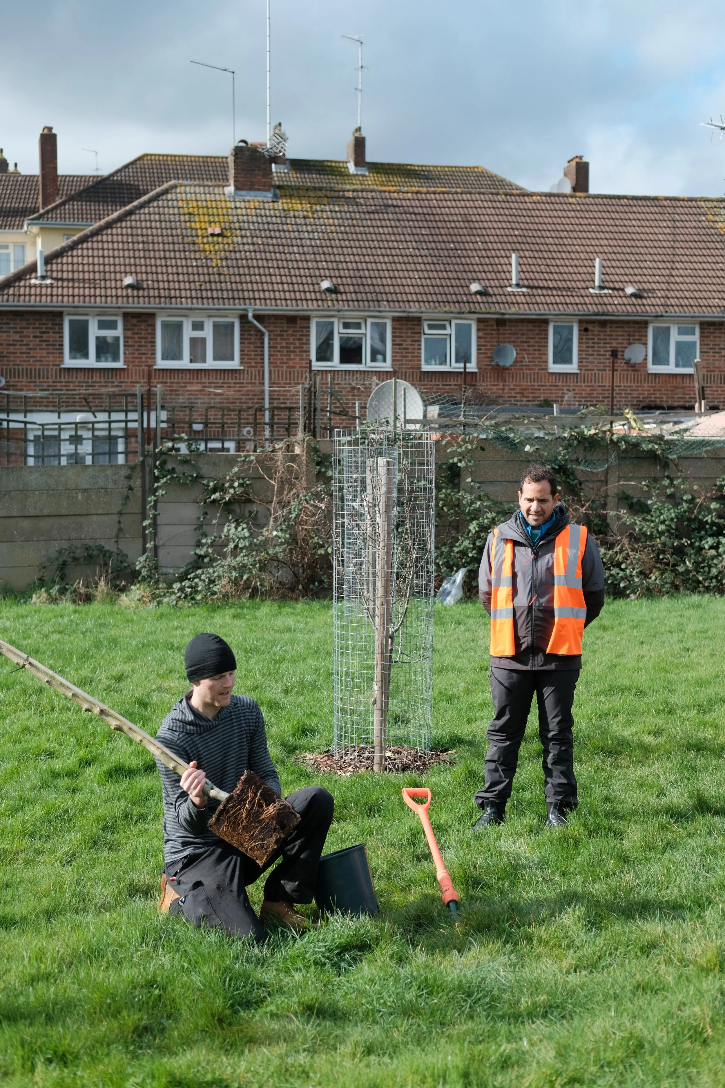 Two men planting a tree in a grassy area. One is kneeling, holding a shovel, and the other is standing, wearing an orange safety vest. There are residential buildings in the background.