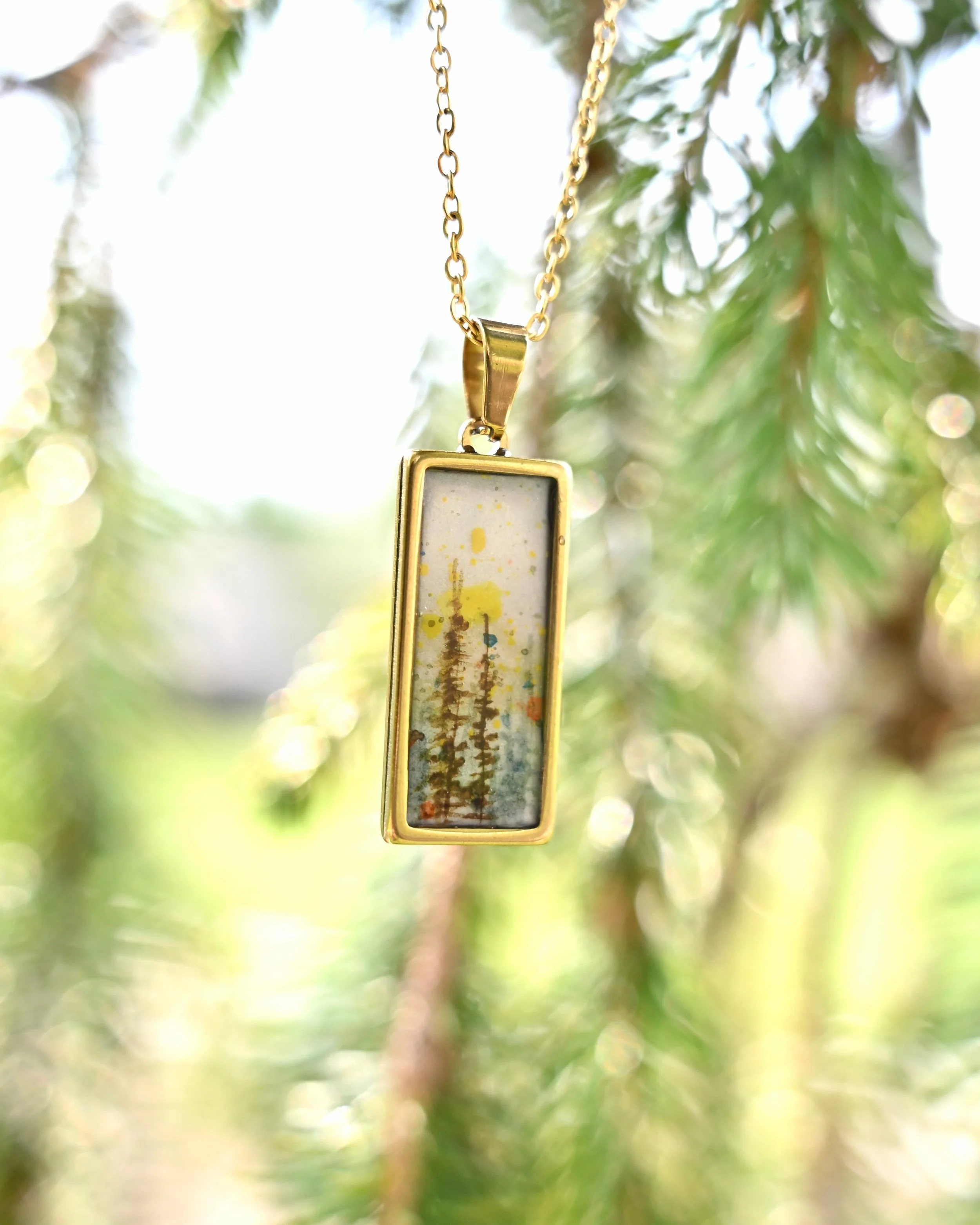 &ldquo;on golden pine&rdquo; available ebhcreative.com/shop 

p.s. have you seen &ldquo;on golden pond&rdquo; with jane fonda, her dad henry, and katharine hepburn? it&rsquo;s a must. 

#watercolor #wearableart #handpainted #jewelry