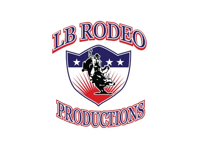 Logo for LB Rodeo Productions featuring a shield with a cowboy riding a bucking bull and red and blue text.