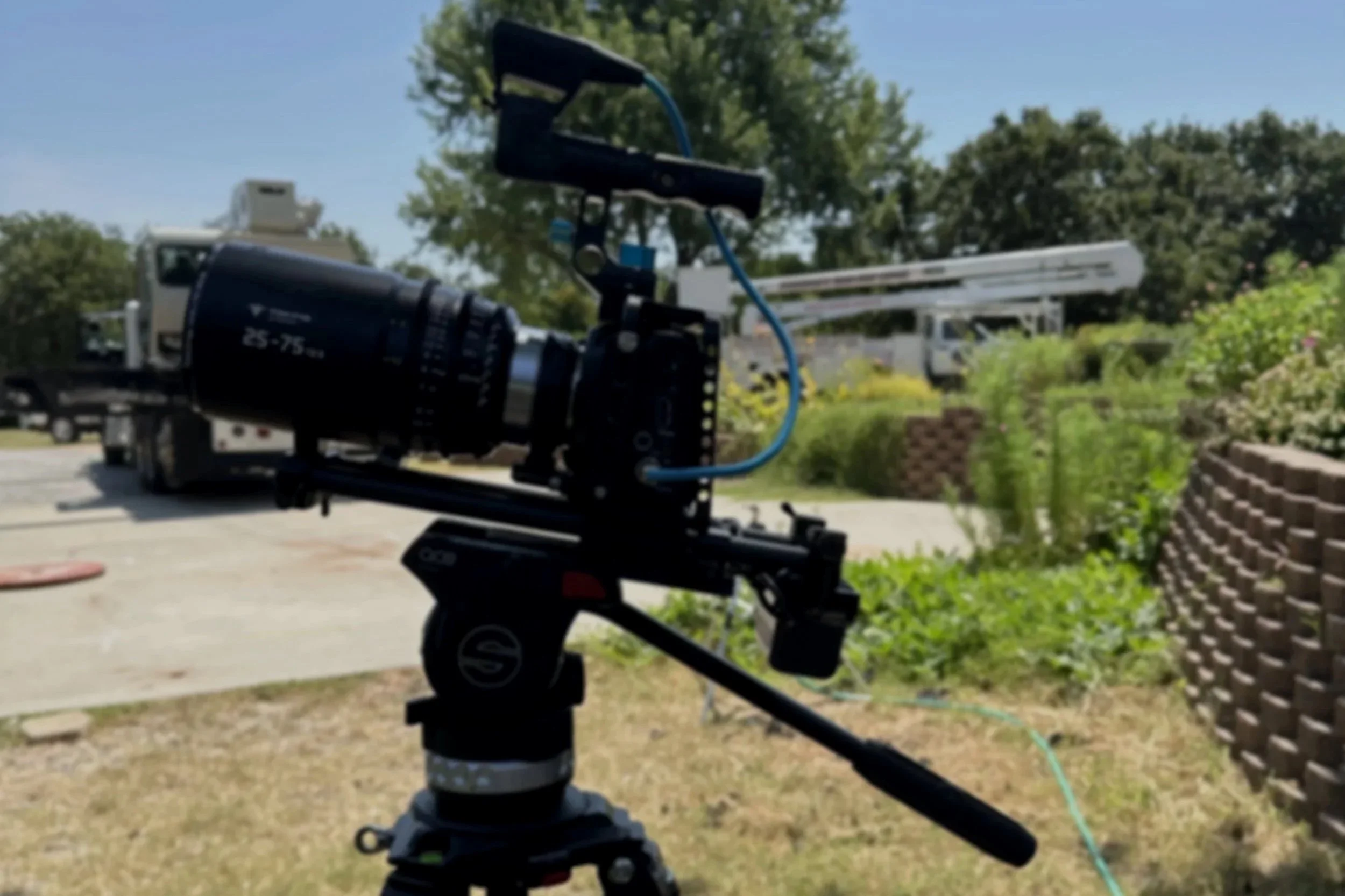 A professional camera mounted on a tripod outdoors in a backyard with trees, plants, and a brick wall.