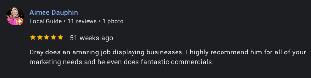 Screenshot of a Google review for a business, with a five-star rating from Aimee Dauphin praising Cray's work.