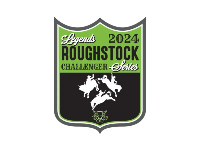 Logo for the 2024 Legends Roughstock Challenger Series with a green and black shield design, featuring silhouettes of bucking animals and ranch-themed icons.