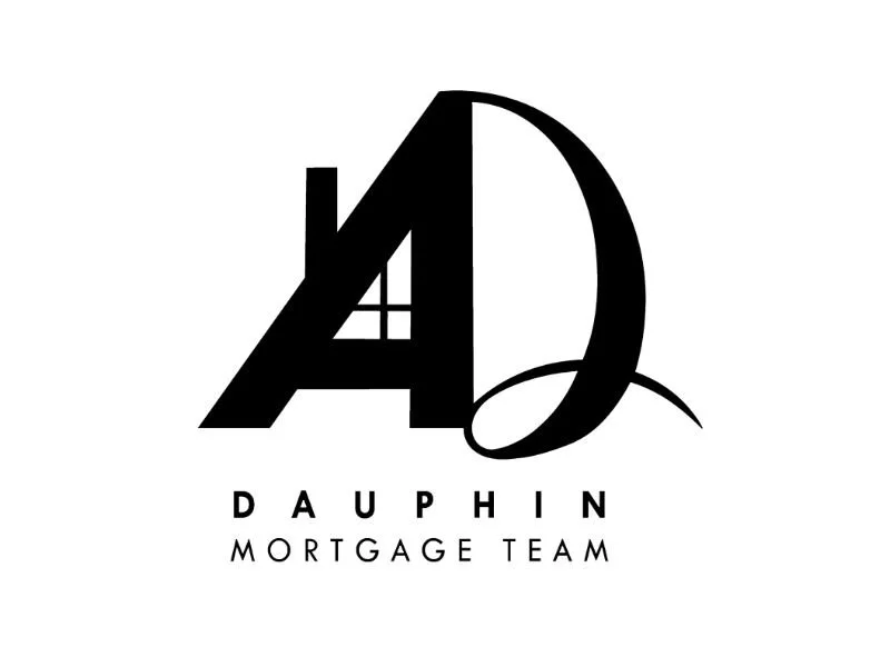 Logo for Dauphin Mortgage Team featuring stylized letters AD with a house window design in a black and white color scheme.