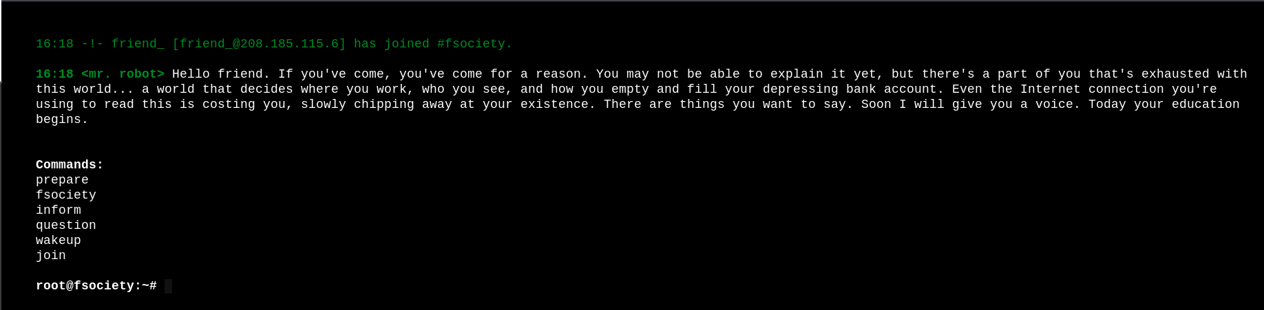 Feel free to enter any of these commands - they will take you to various clips or images from the show but they will not help you with the ctf challenge itself.