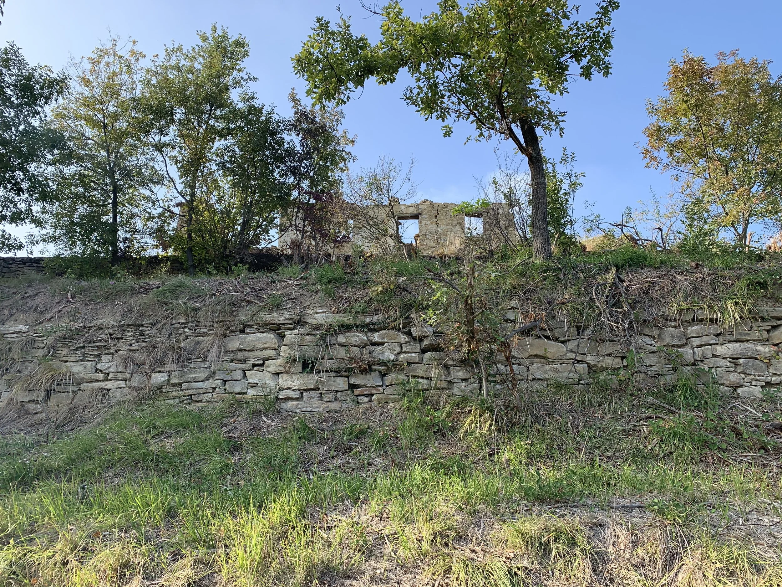 A stone wall with overgrown grass and plants, an abandoned building and green trees against a blue sky.