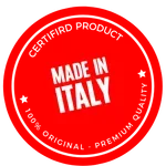 Red circular badge with white text that reads 'Made in Italy'