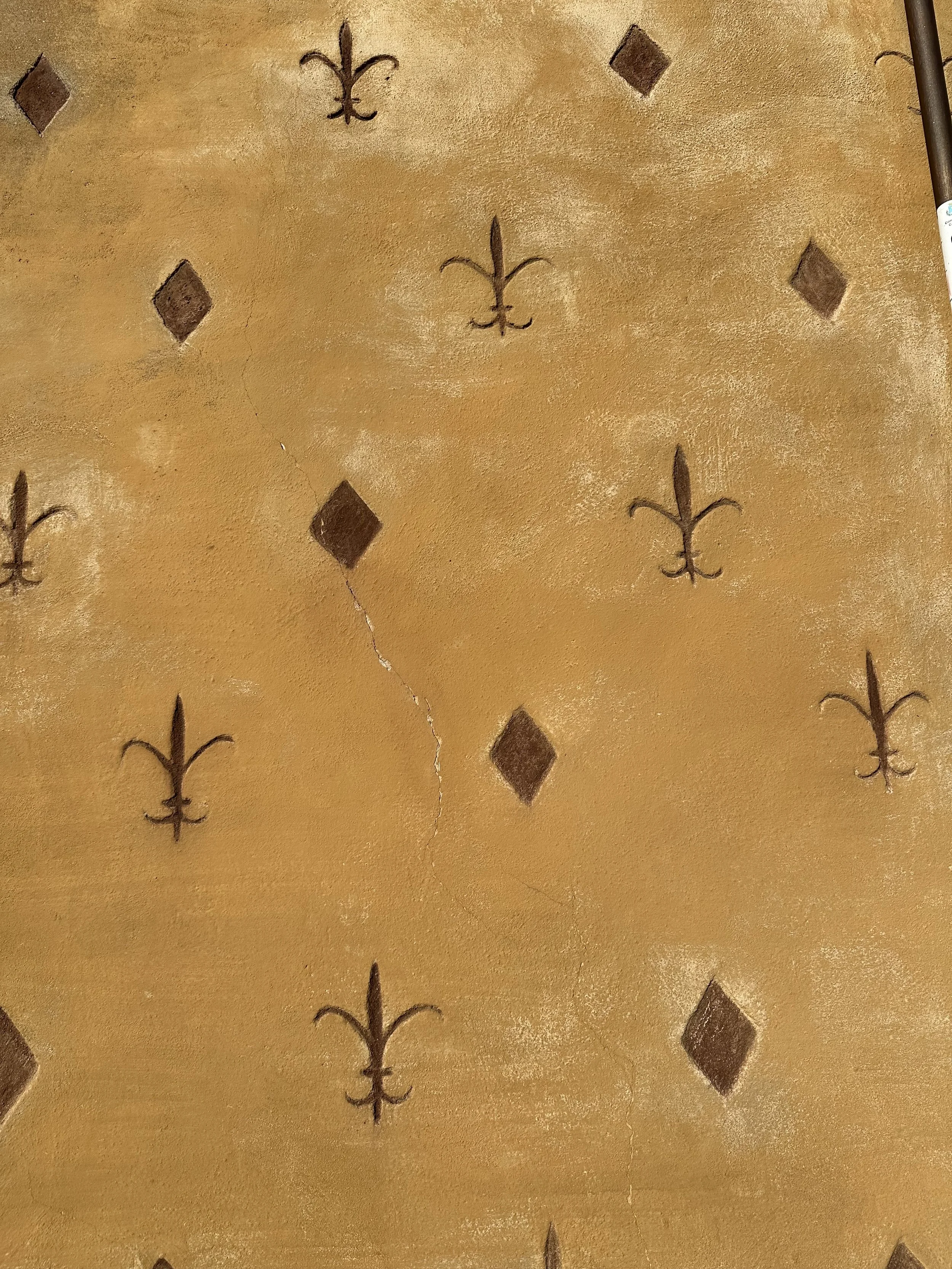 A textured yellowish-brown wall with a pattern of black fleur-de-lis and diamond shapes, with a visible crack running vertically through the wall.