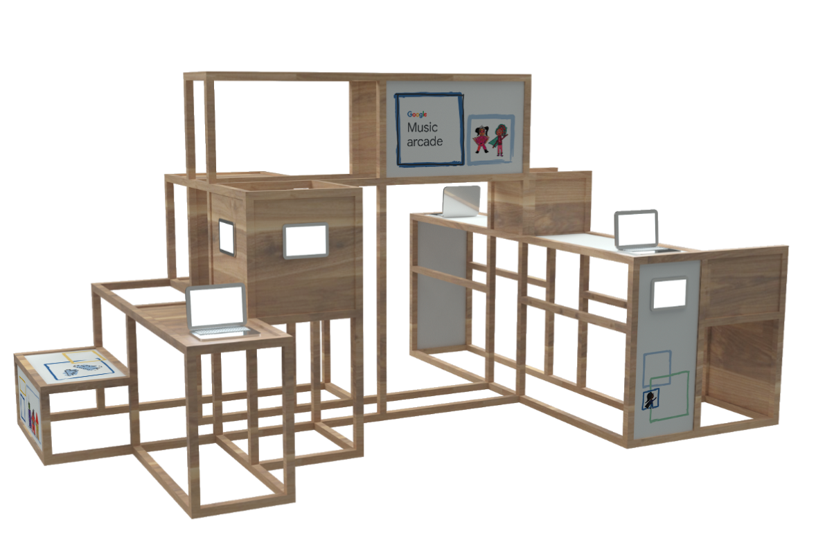 Rendering of one of our interactive arcades in the “Super Me” Super Arcade where we had four arcades for children to play in and with that highlighted different Google AI games as well as featuring their video game amongst the professionals.