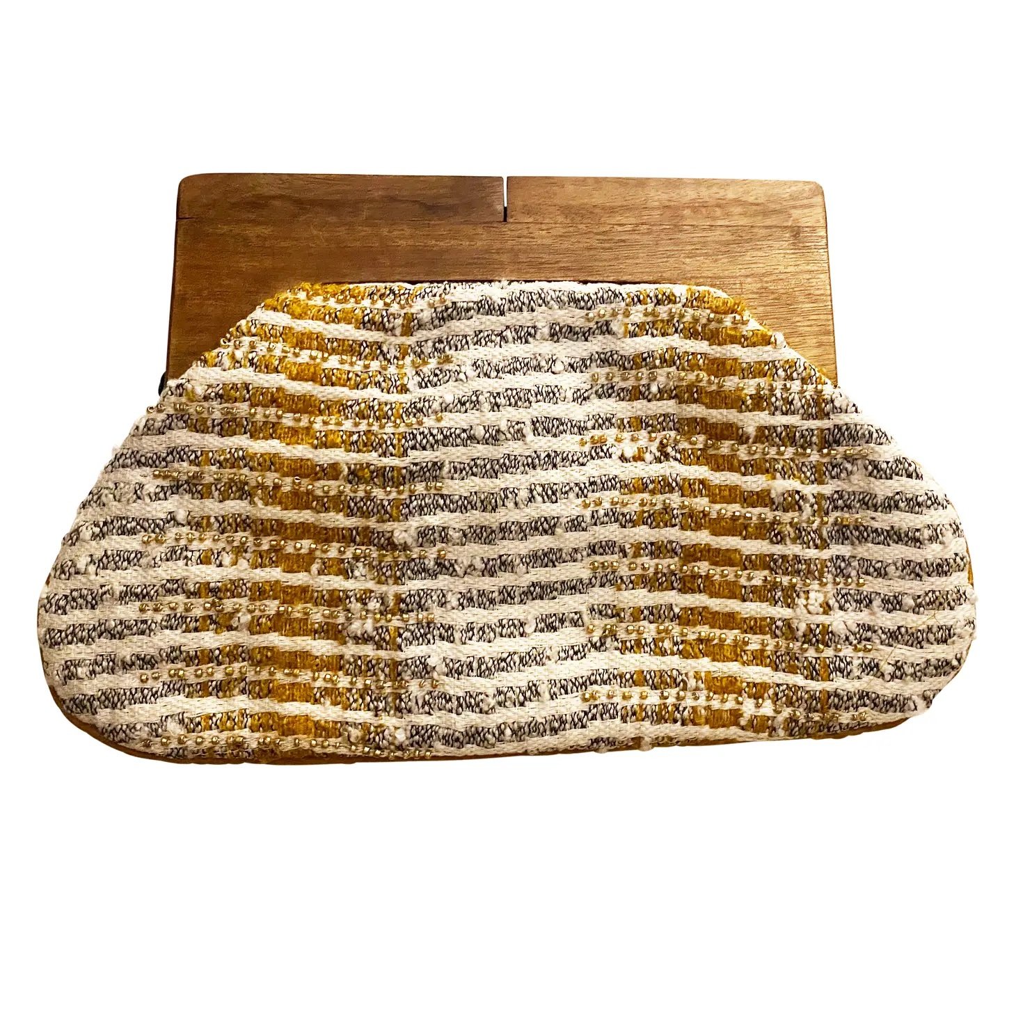Wood Handle Beaded Clutch, Gold/Silver