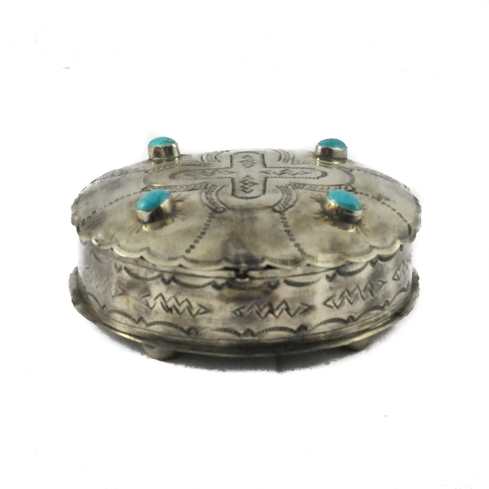 Stamped Silver Round Box w/Turquoise