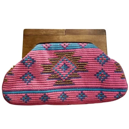Wood-Handle Beaded Clutch, Pink