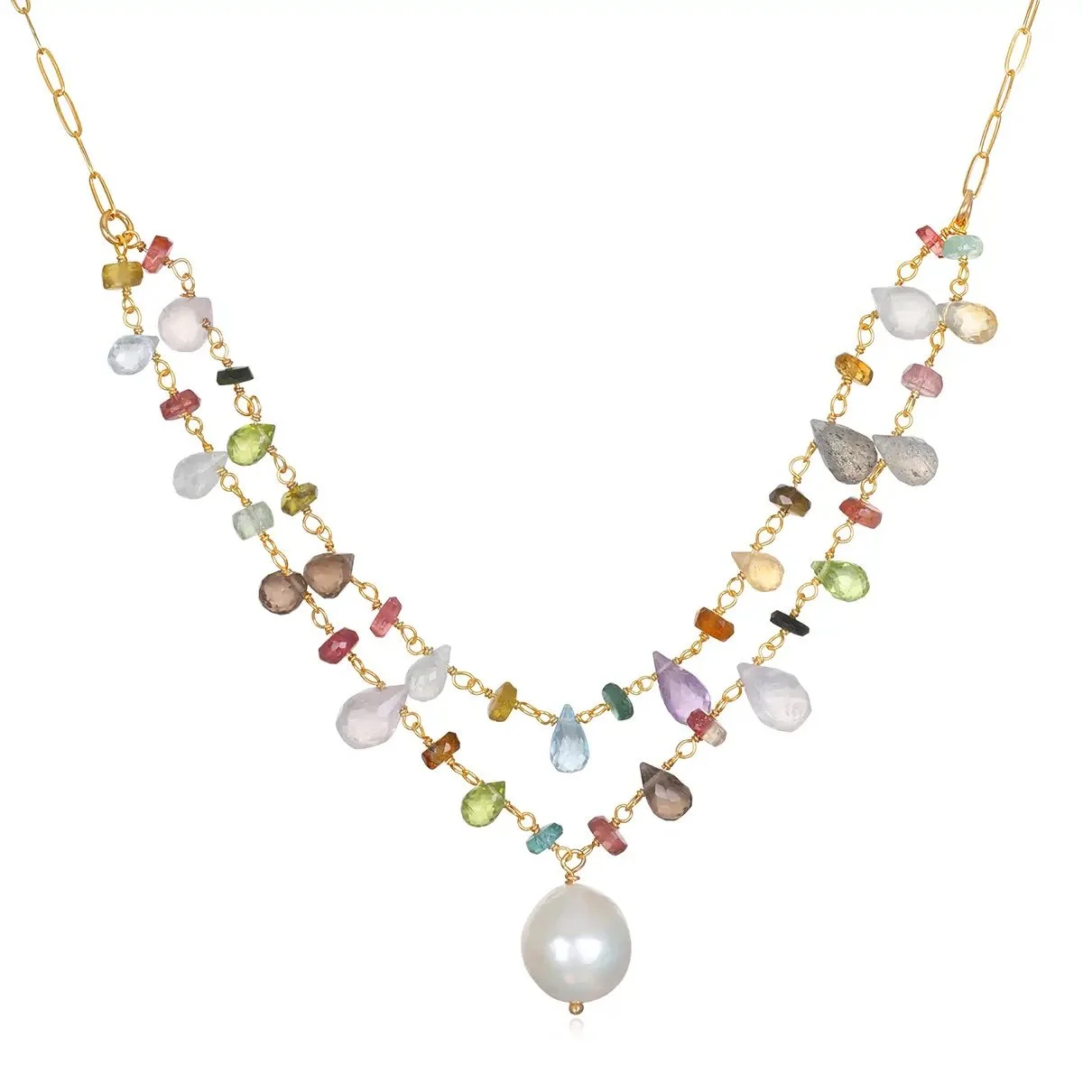 Layered Baroque Pearl and Gem Stone Necklace