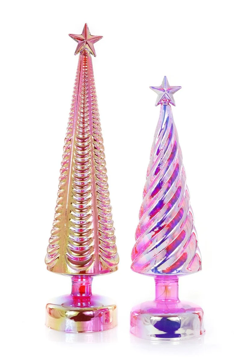 Iridescent Pink Lit Glass Trees, Set of 2