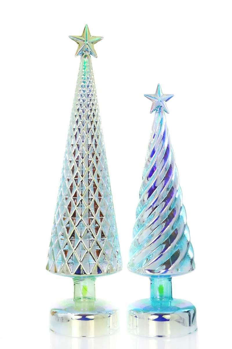 Iridescent Green Lighted Glass Trees, Set of 2