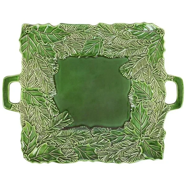Vietri Lastra Holiday Green Figural Square Handled Platter