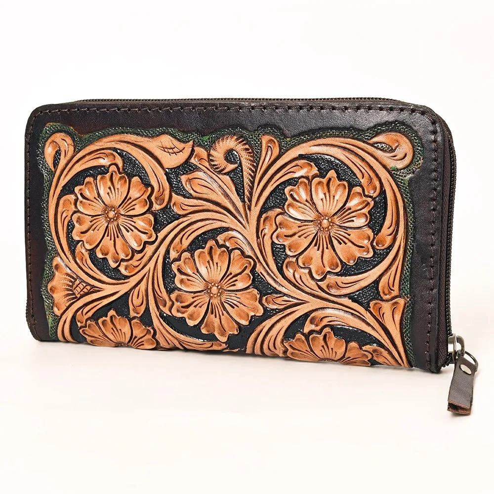 Brown:Natural Tooled Leather Zip Wallet.jpeg