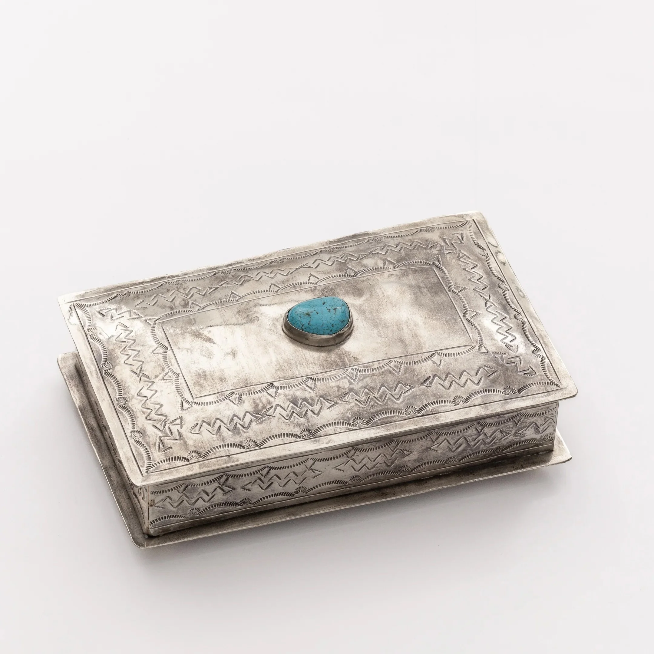 Stamped Silver Rectangular Box w/Turquoise